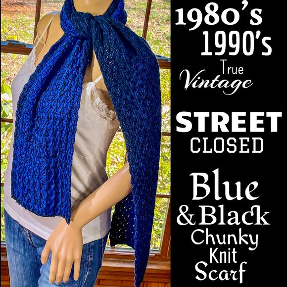 Vintage Accessories - ▪️VTG▪️STREET CLOSED▪️1980's 1990's Retro Blue & Black Unisex Chunky Knit Scarf